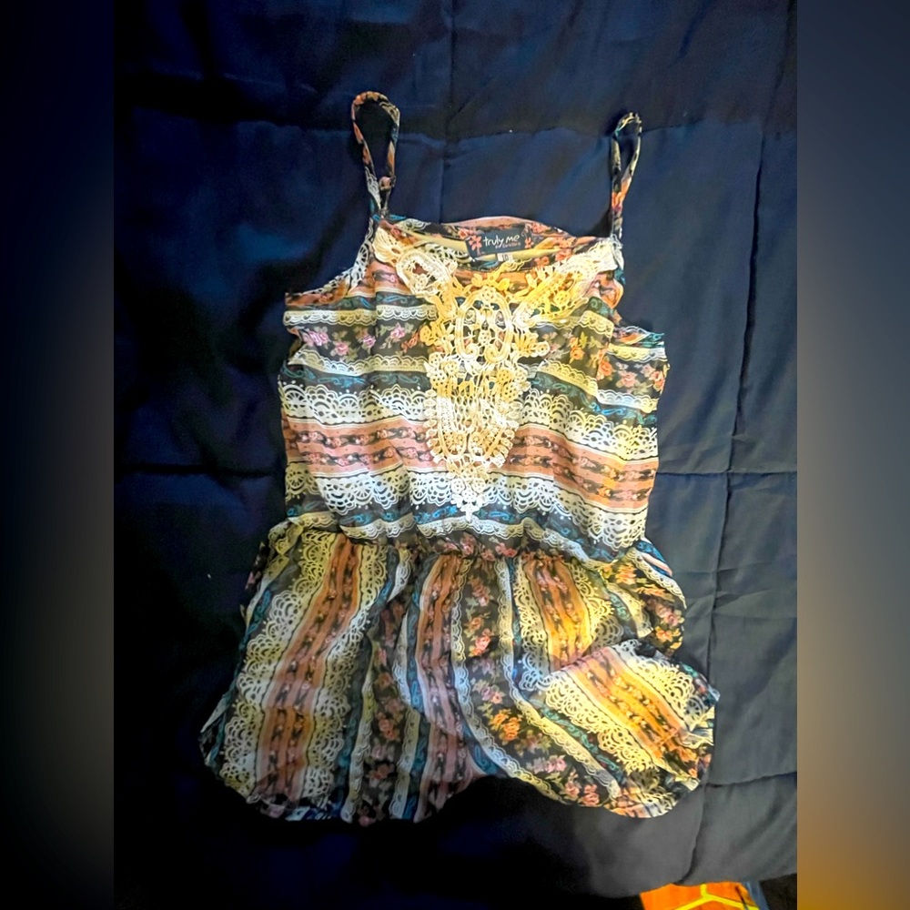 Truly Me by Sara Sara multi-color spaghetti strap romper with lace detail 10